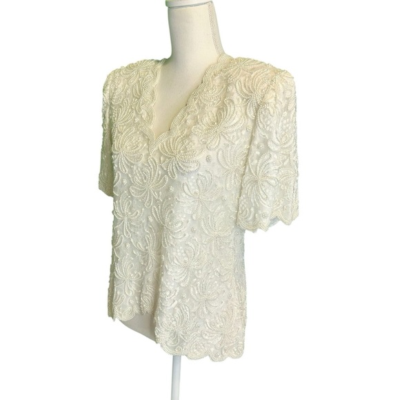 Laurence Kazar Vintage Ivory Pearl Beaded Scalloped Trim Short Sleeve Blouse MP - Picture 4 of 16